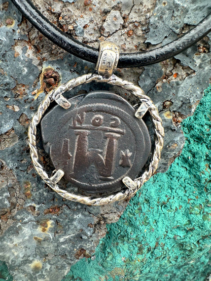 Big "M" Ancient Roman Coin Round Leather Necklace