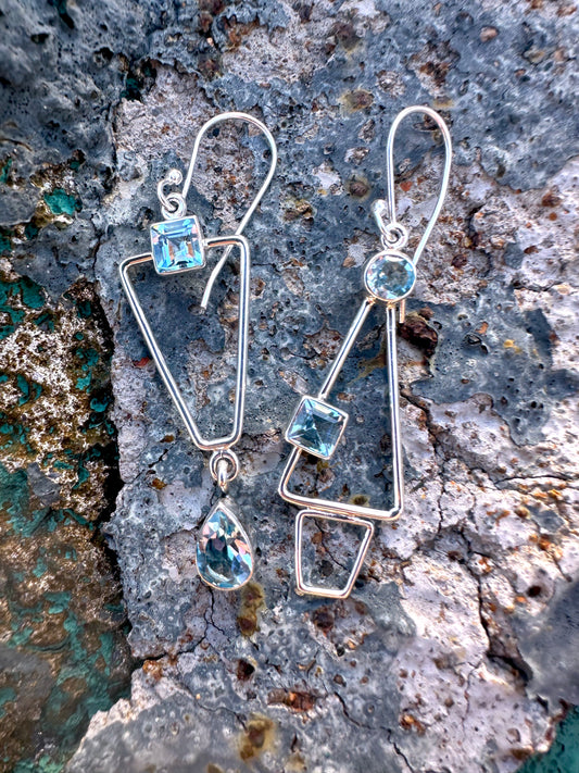 Asymmetrical 2 Blue Topaz Sterling Earrings