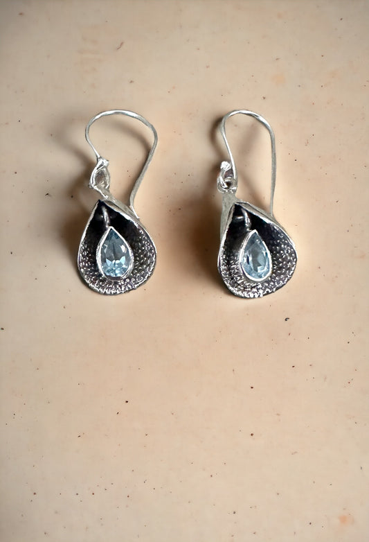 Blue Topaz Oxidized Leaf Sterling Silver Earrings