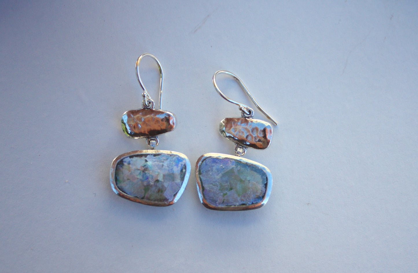 Ancient Roman Glass Hammered Sterling Silver Earrings