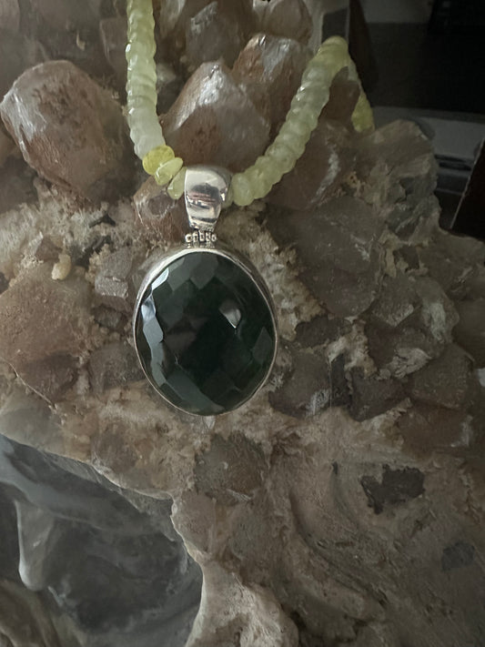 Big Dark Green Obsidian Oval with Prehnite Beaded Sterling Silver Necklace