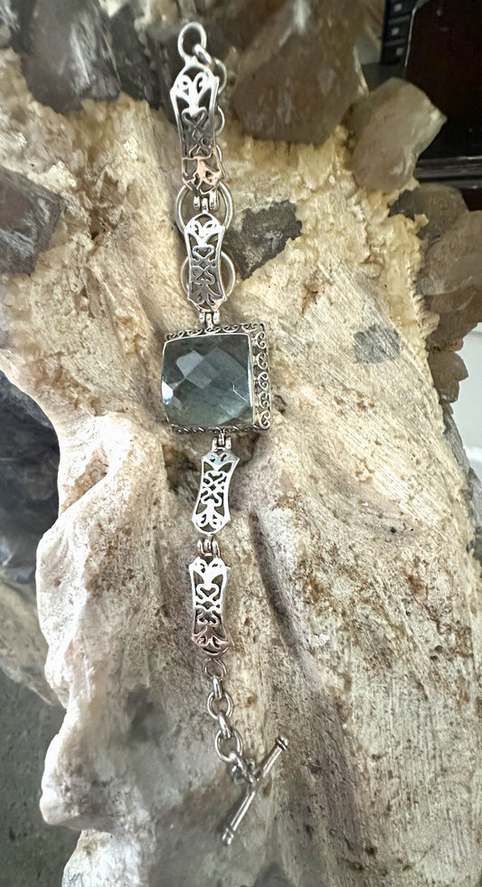 Green Obsidian Faceted Square Sterling Silver Bracelet