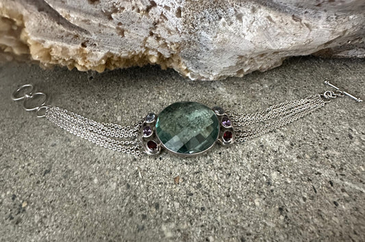 Green Obsidian Faceted Oval with Garnet, Amethyst, Blue Topaz Sterling Silver Bracelet