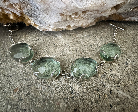 Green Obsidian Faceted Oval Sterling Silver Bracelet