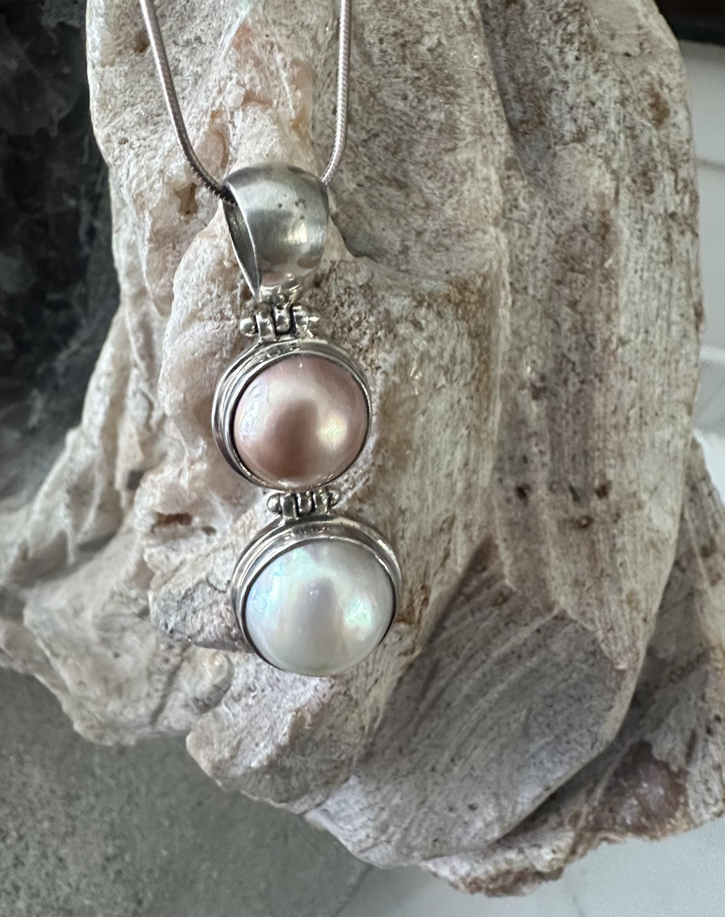 White Mabe Pearl and Pink Mabe Pearl Sterling Silver Necklace
