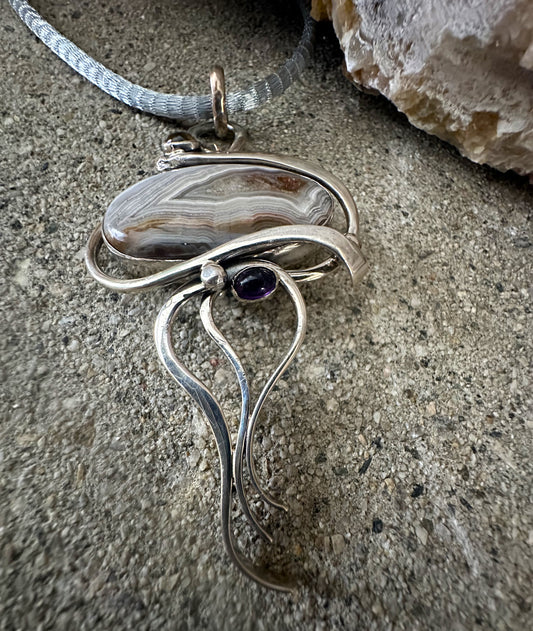 Big Brown Agat Pendant with Amethyst & Citrin Sterling Silver Necklace