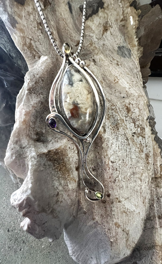 Big Brown Agat Pendant with Amethyst & Peridot Sterling Silver Necklace