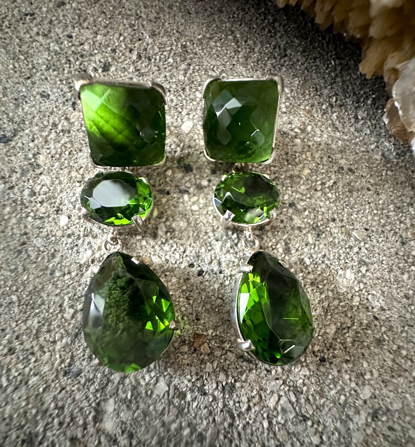 Green Obsidian 3 Faceted Stones Sterling Silver Earrings
