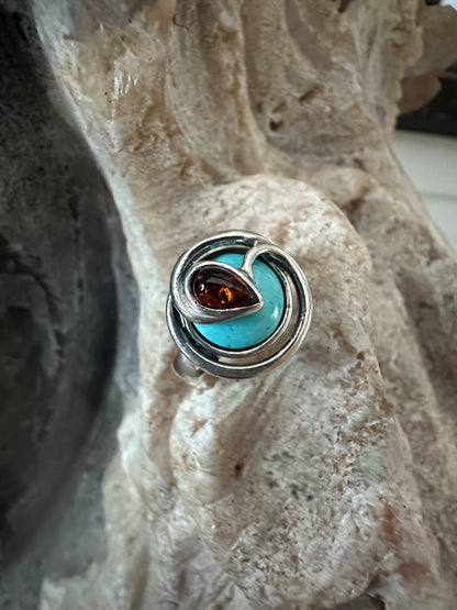 Round Turquoise and Teardrop Honey Amber Sterling Silver Ring