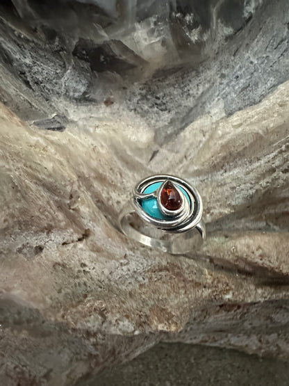 Round Turquoise and Teardrop Honey Amber Sterling Silver Ring