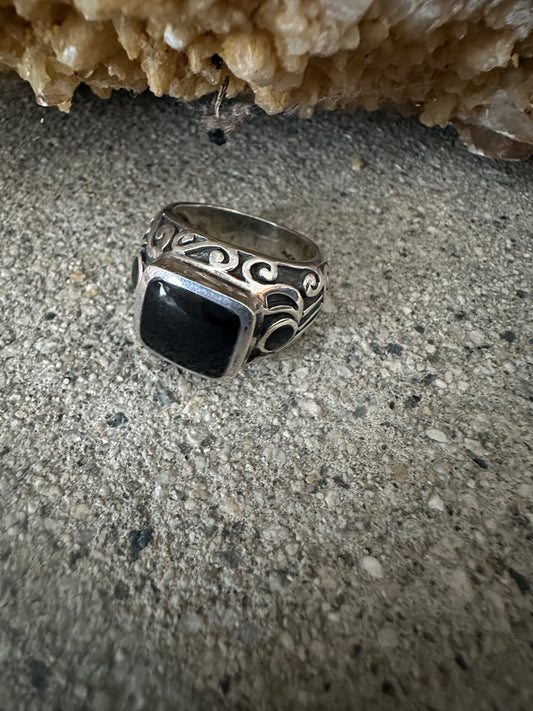 Square Black Onyx Decorative Band Sterling Silver Ring