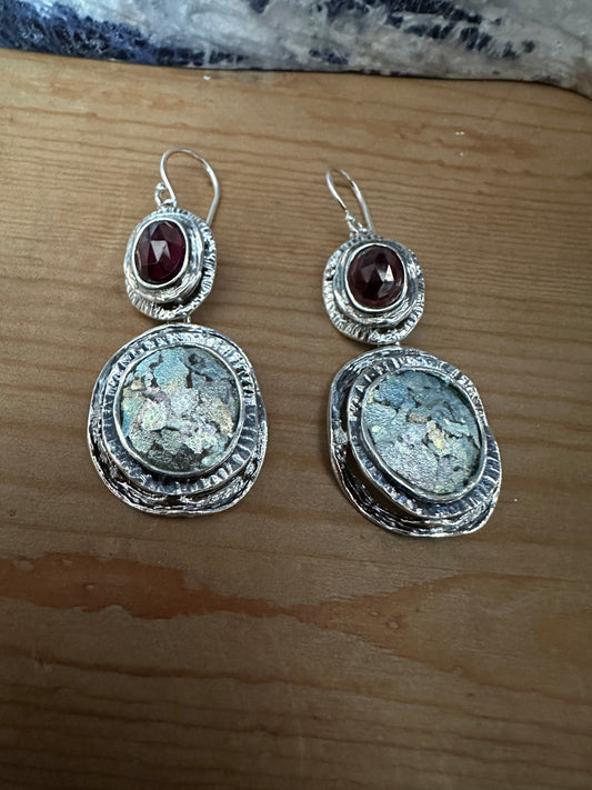 Sterling Silver & Ancient Roman Glass Garnet Earrings