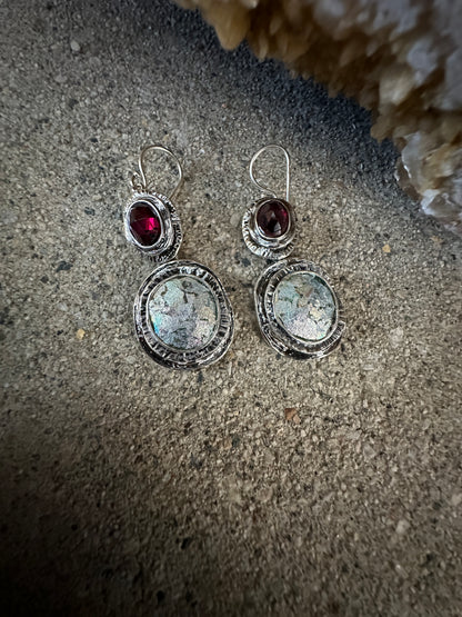 Sterling Silver & Ancient Roman Glass Garnet Earrings