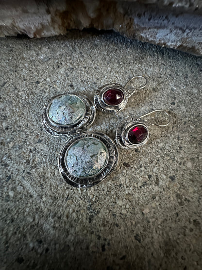 Sterling Silver & Ancient Roman Glass Garnet Earrings
