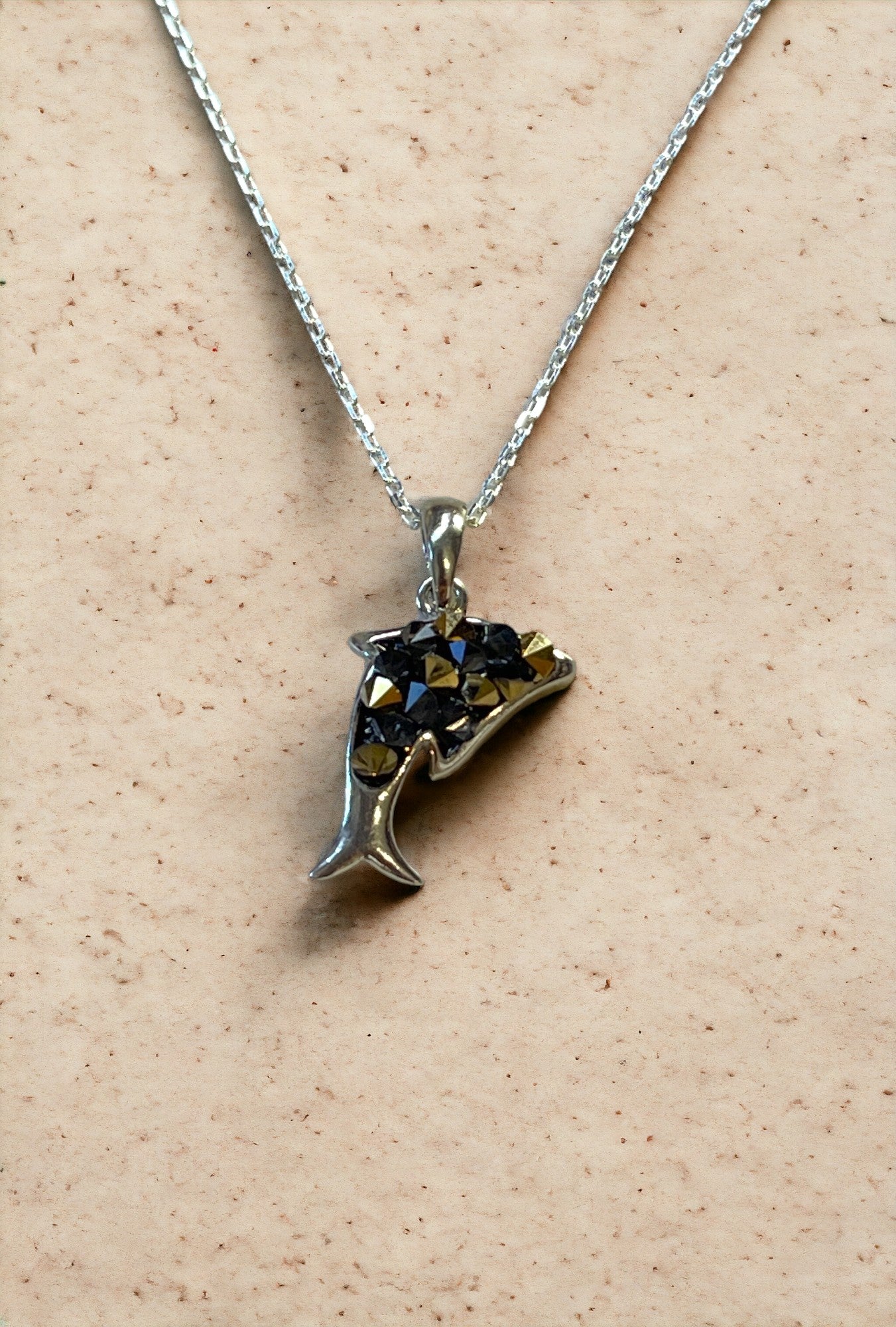 Brown & Gold Austrian Crystal Dolphin Sterling Silver Necklace