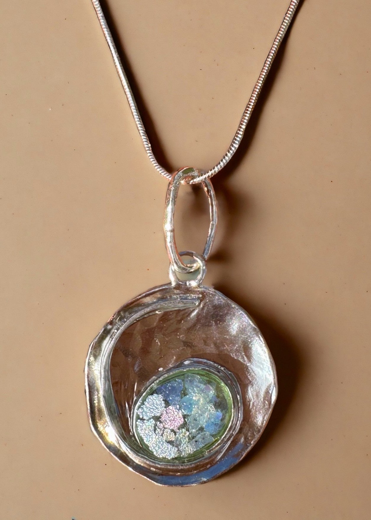 Ancient Roman Glass Wire Around Oval Sterling Silver Necklace