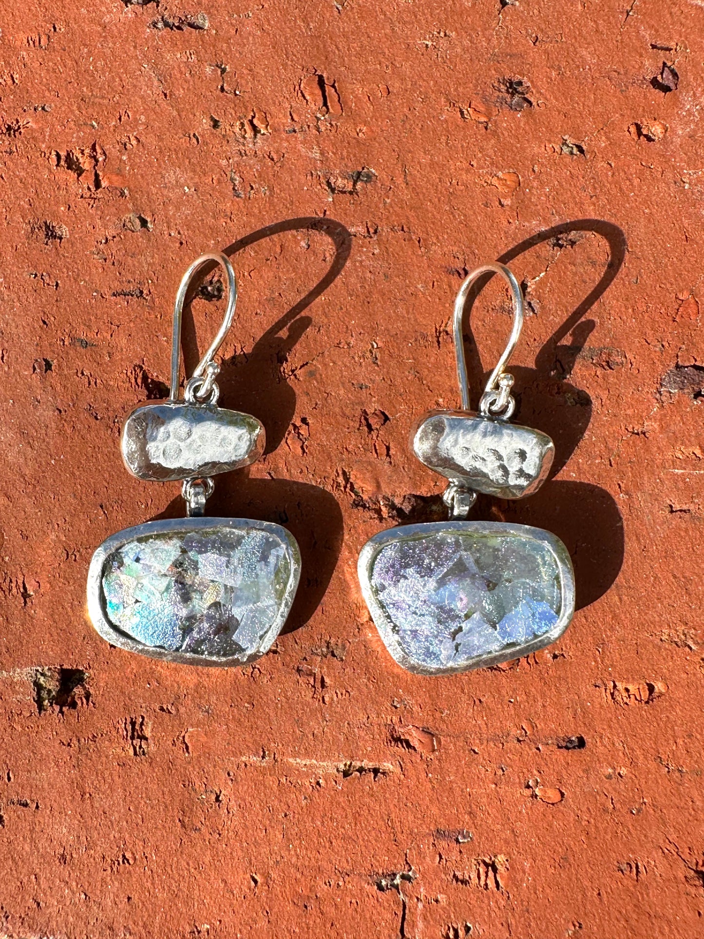 Ancient Roman Glass Hammered Sterling Silver Earrings