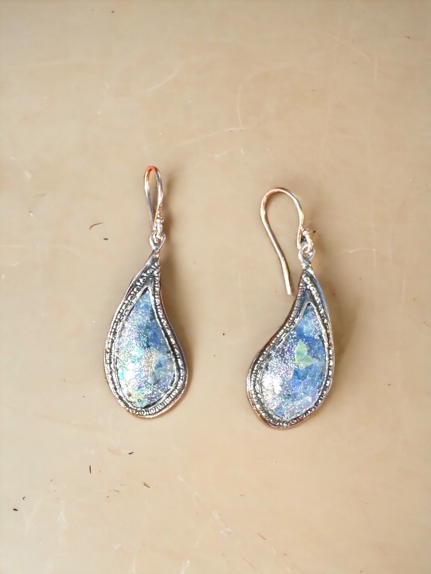 Teardrop Ancient Roman Glass Sterling Silver Earrings