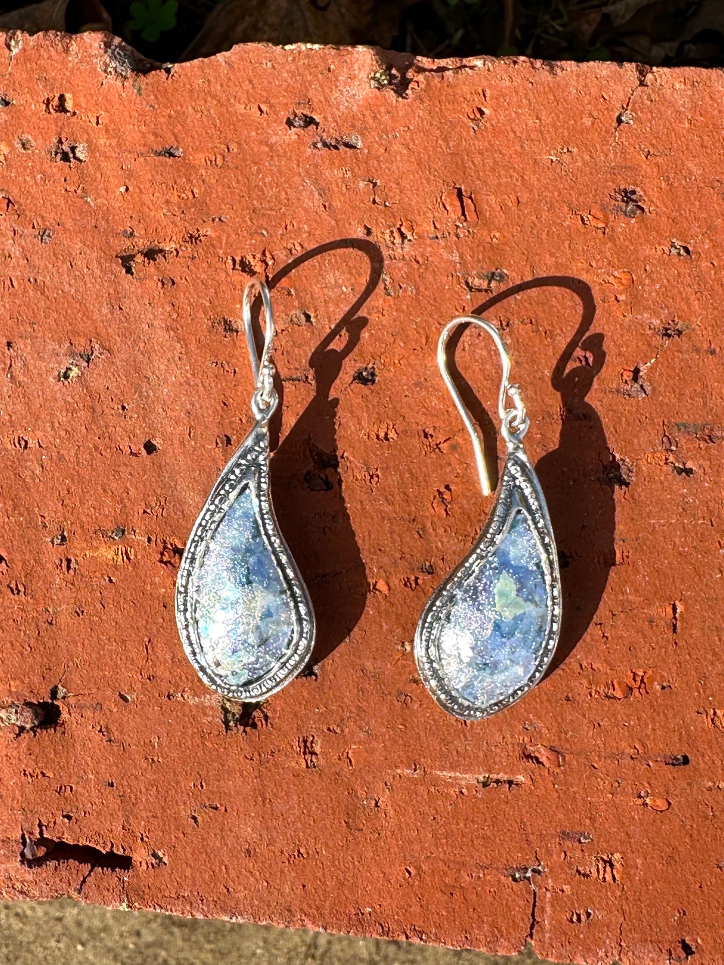 Teardrop Ancient Roman Glass Sterling Silver Earrings