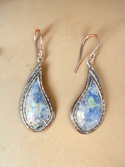 Teardrop Ancient Roman Glass Sterling Silver Earrings