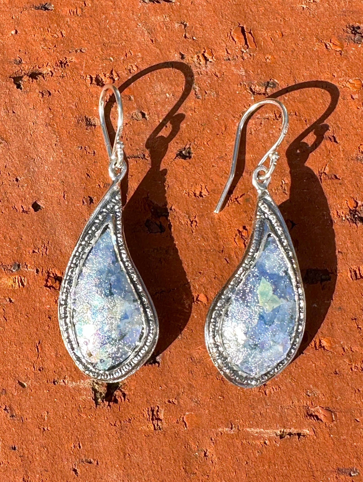 Teardrop Ancient Roman Glass Sterling Silver Earrings