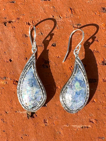 Teardrop Ancient Roman Glass Sterling Silver Earrings