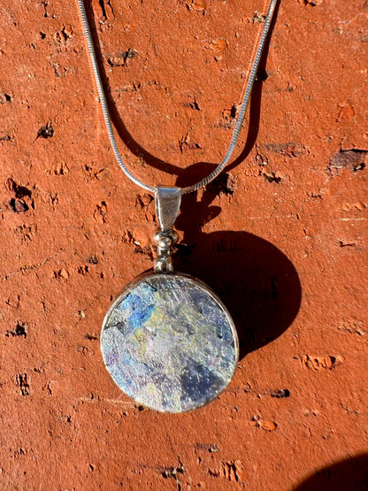 Two Sided Ancient Roman Glass & Roman Coin Sterling Silver Necklace