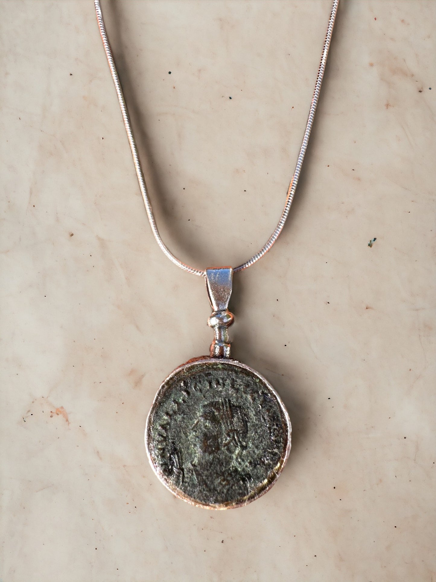 Two Sided Ancient Roman Glass & Roman Coin Sterling Silver Necklace