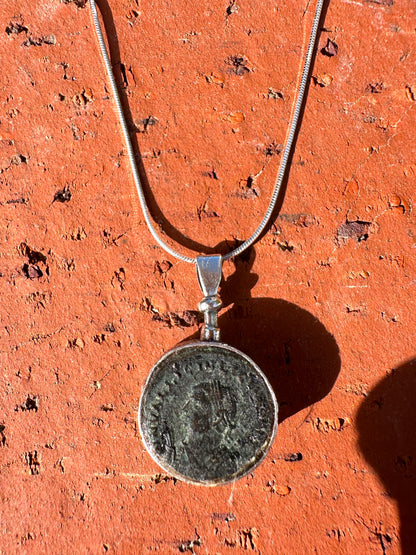 Two Sided Ancient Roman Glass & Roman Coin Sterling Silver Necklace