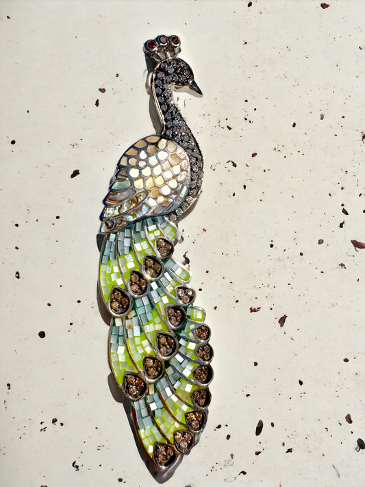 Mosaic Big Peacock Pin/Pendant Sterling Silver