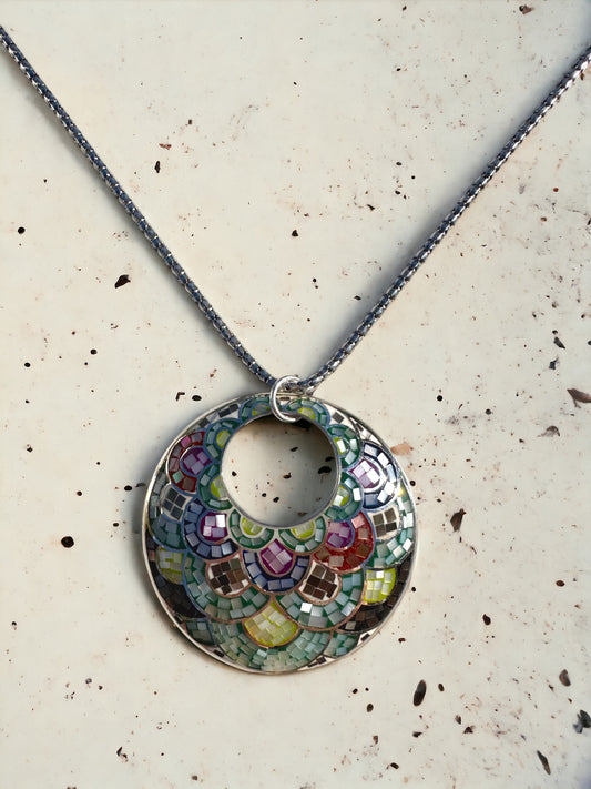 Mosaic Blue, Brown, Purple  & Green Big Round Sterling Silver Necklace (Heavy Chain)