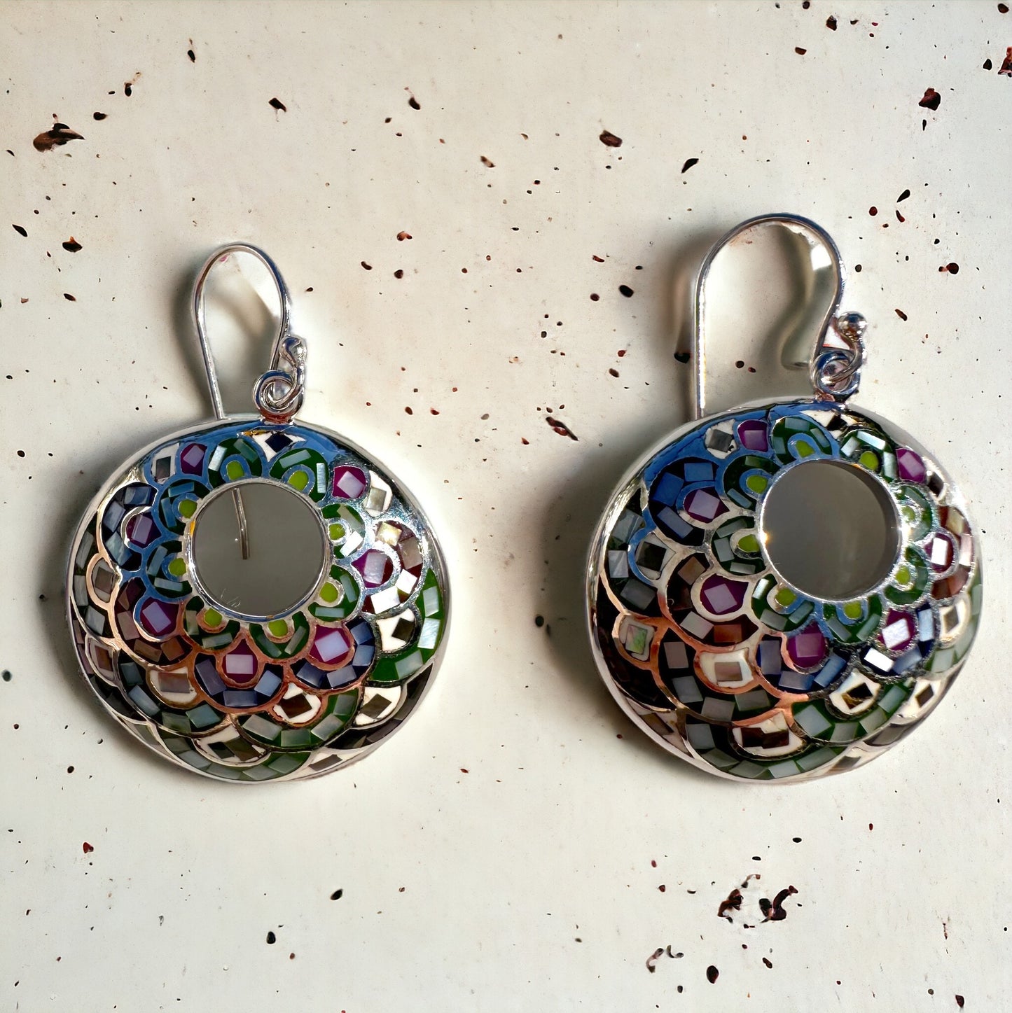 Mosaic Blue, Brown, Purple  & Green Big Round Sterling Silver Earrings