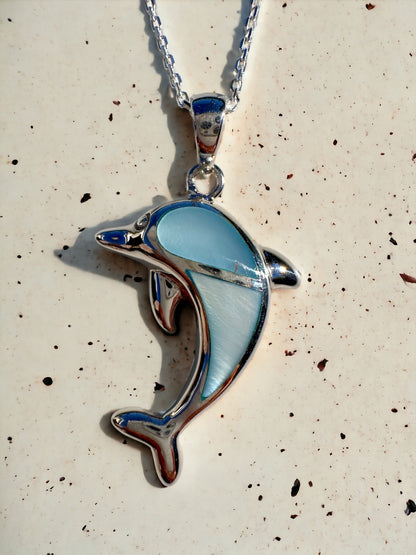 Big Blue Dolphin Mother of Pearl Sterling Necklace