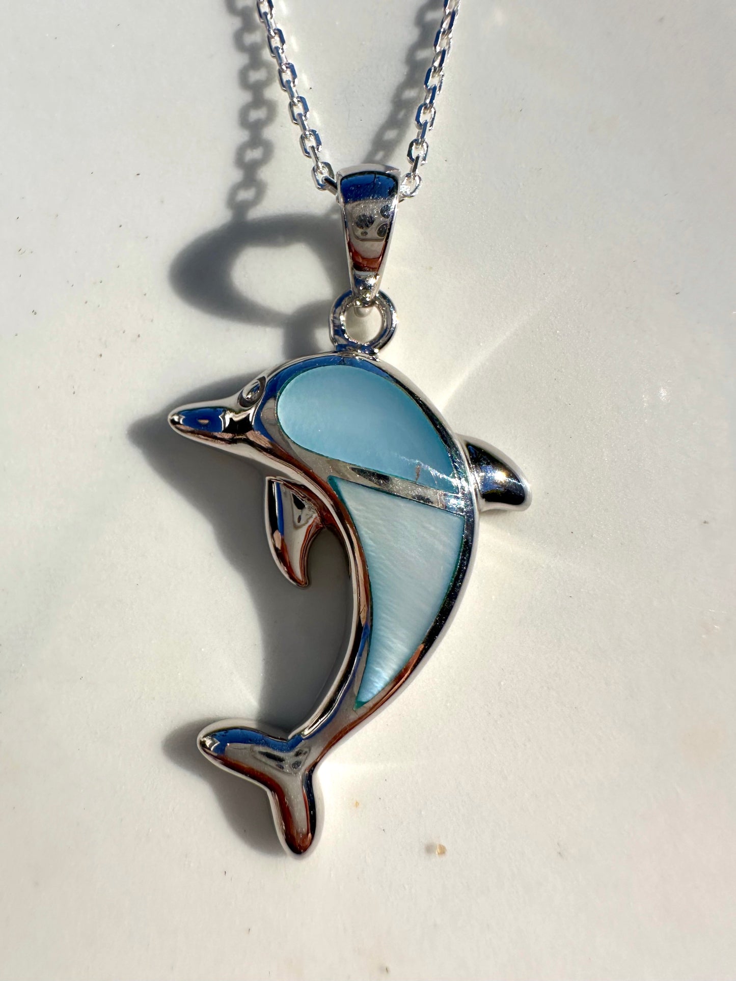 Big Blue Dolphin Mother of Pearl Sterling Necklace