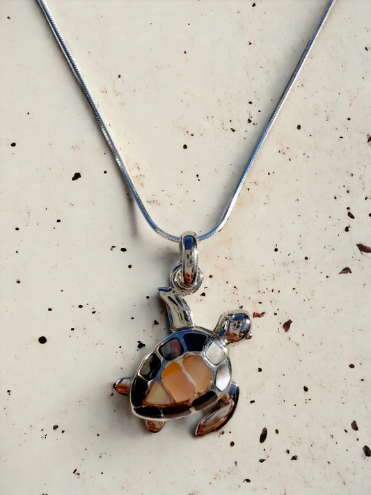 Mosaic Turtle Sterling Silver Necklace (Snake Chain)