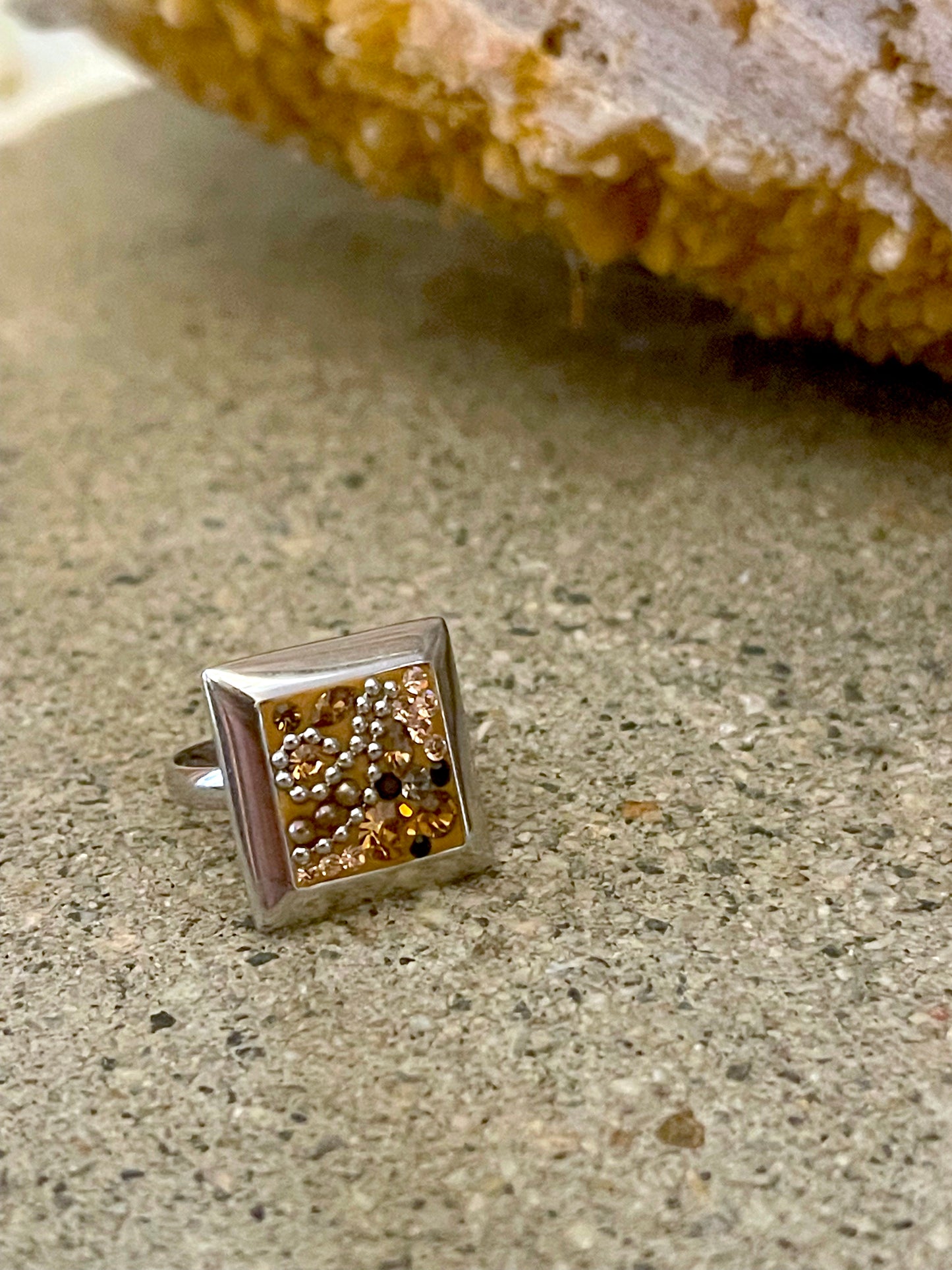 Tan & Brown Square Multi-Color Austrian Crystal Sterling Silver Ring