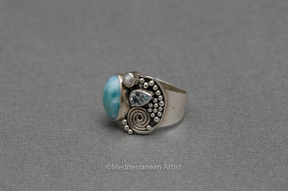 Larimar Blue Topaz & Pearl Sterling Silver Ring