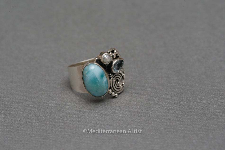 Larimar Blue Topaz & Pearl Sterling Silver Ring