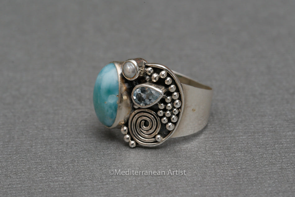 Larimar Blue Topaz & Pearl Sterling Silver Ring