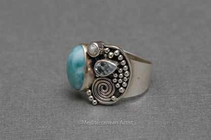 Larimar Blue Topaz & Pearl Sterling Silver Ring