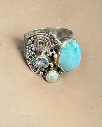 Larimar Blue Topaz & Pearl Sterling Silver Ring