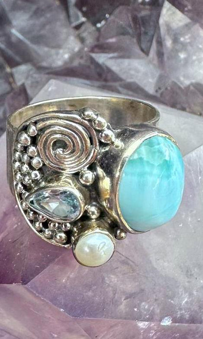 Larimar Blue Topaz & Pearl Sterling Silver Ring