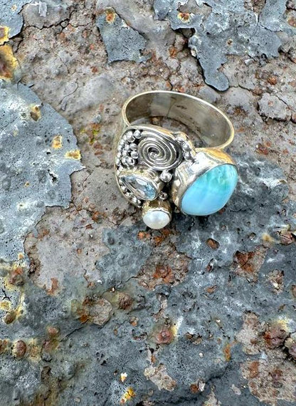 Larimar Blue Topaz & Pearl Sterling Silver Ring