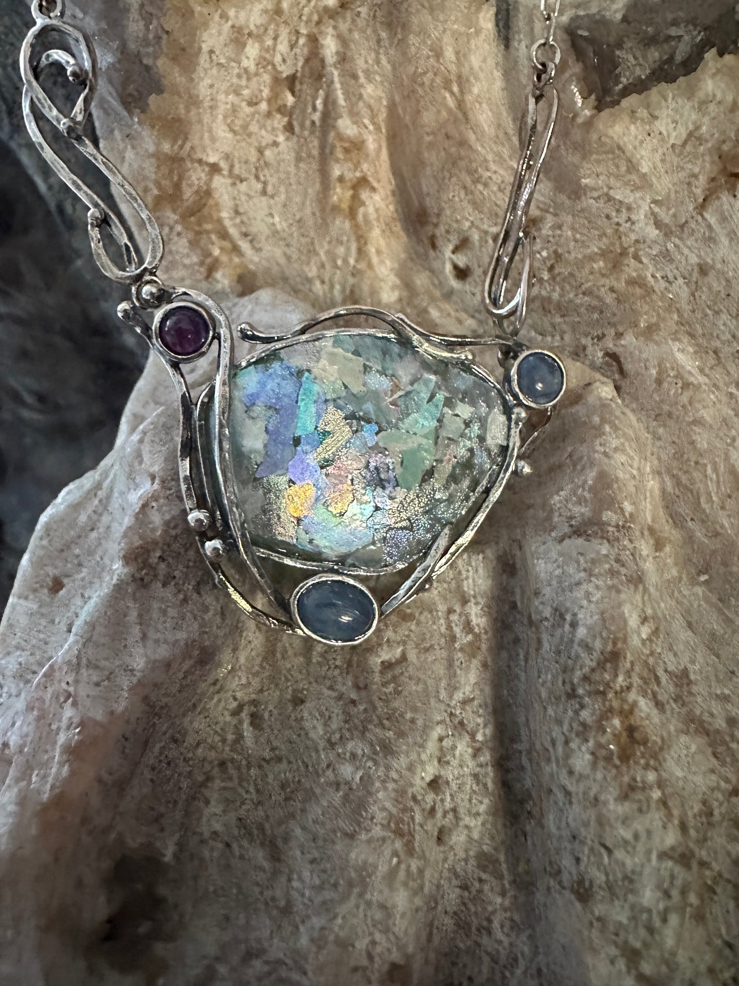 Mediterranean Artists The Dreaming Stones necklace featuring ancient Roman glass, kyanite, and amethyst in sterling silver