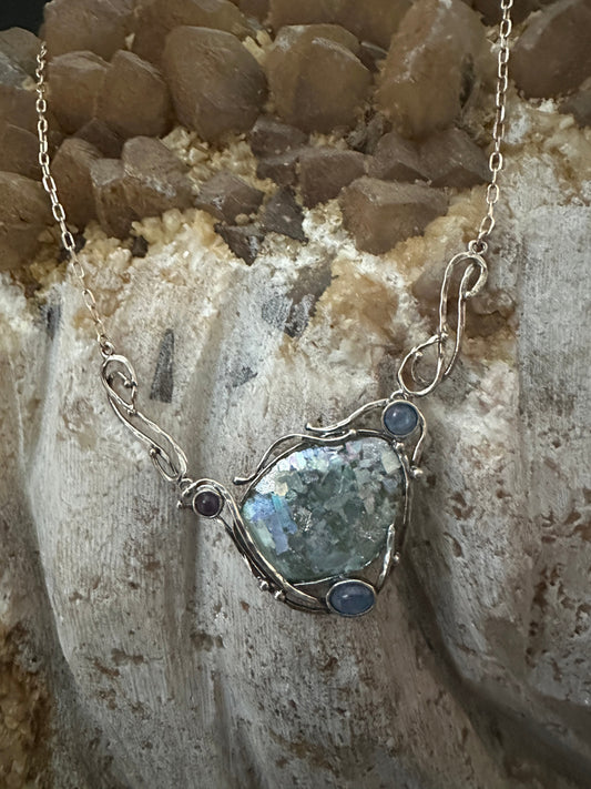 Mediterranean Artists The Dreaming Stones necklace with ancient Roman glass, blue kyanite, and amethyst in sterling silver